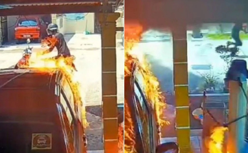 Lelaki nyaris rentung bersama motosikalnya yang terbakar selepas membakar dua kereta